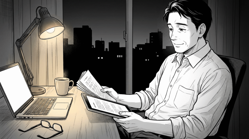 夜のオフィスで継続案件の契約書を確認して安堵する表情の40代男性の線画イラスト