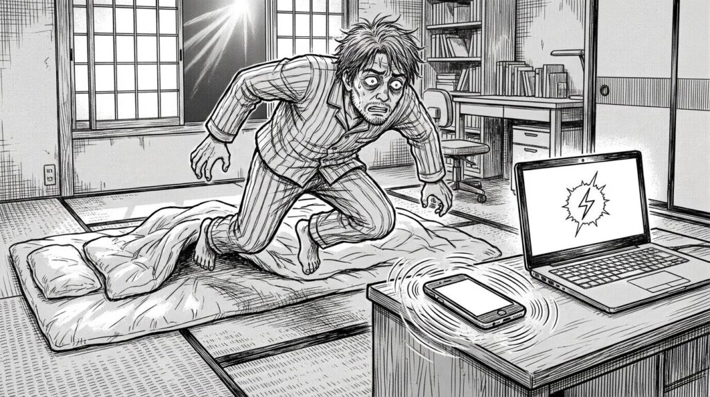 深夜の寝室で、枕元のスマホが鳴り響き、飛び起きてPCを開くエンジニア。画面にはサーバーのアラートが表示されており、疲労困憊している様子の線画イラスト