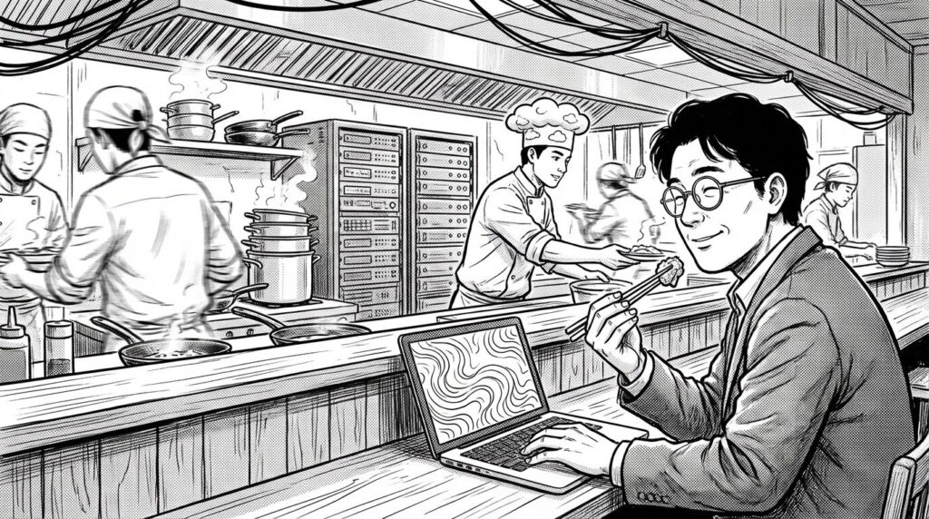 レストランの厨房で、シェフ(AWS)が注文に応じて手際よく料理を作り、客(エンジニア)は食べることに集中している比喩的なイラスト。背景にはサーバーラックが見え隠れしている