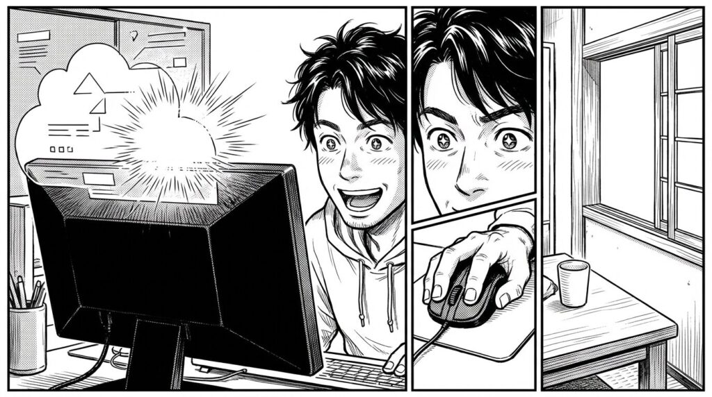 AWSマネジメントコンソールのLambda画面を見ながら、コードを修正し、「Test」ボタンを押して成功の緑色表示が出た瞬間に喜んでいるエンジニアの手元の線画イラスト