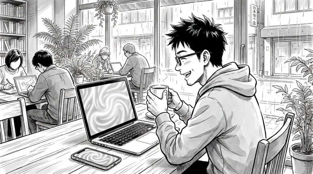 PC画面に表示されたブラウザで、自作したAPIのURLにアクセスし、期待通りのメッセージが表示されているのを見て、満足げにコーヒーを飲んでいるエンジニアの線画イラスト