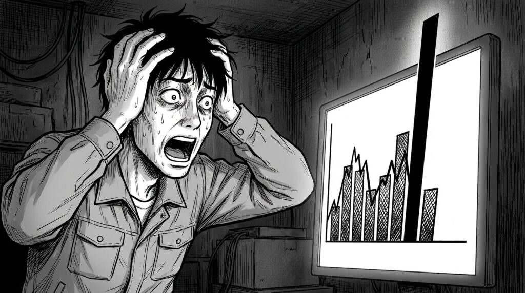 PC画面に表示されたAWSのコスト管理画面で、グラフが垂直に跳ね上がっているのを見て、顔面蒼白になり冷や汗をかいているエンジニアの線画イラスト