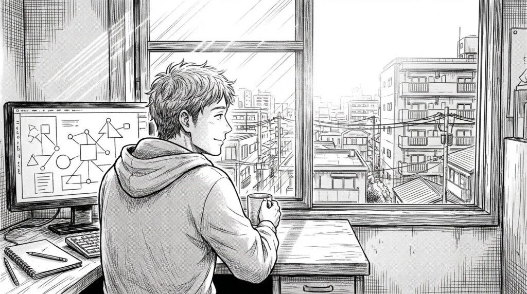 朝日が差し込む窓辺のデスクで、ノートPCを開き、デプロイが完了した自作のWebサービスの画面を見て、静かな達成感と未来への希望を感じているエンジニアの背中の線画イラスト