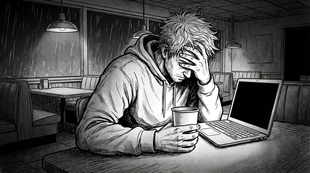 深夜のファミレスで、ノートPCに向かいながらチャットの通知を見て頭を抱えている男性の線画イラスト