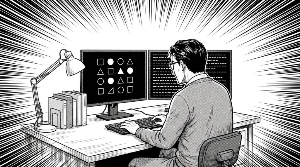 自宅のデスクで、デュアルモニターにデザイン画面とコードエディタを開き、集中して作業している男性の線画イラスト