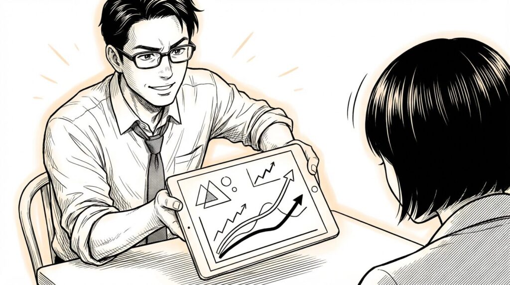 クライアントとの商談中に、保守契約の提案書を見せながら笑顔で説明している男性の線画イラスト