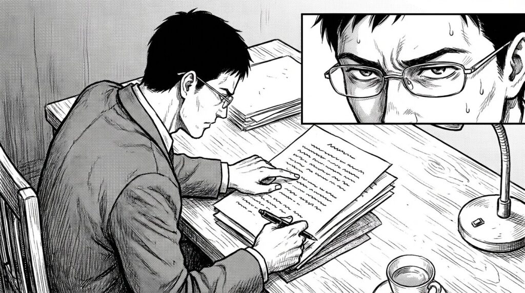 カフェで契約書の内容を指差しながら、クライアントと真剣な表情で条件を確認している男性の線画イラスト