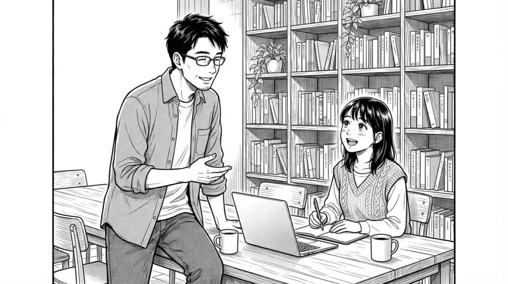 本棚の前で、後輩からの質問に対して身振り手振りを交えて熱心に答えている男性の線画イラスト