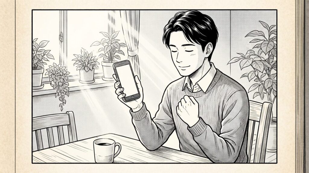 朝の光が差し込む部屋で、通帳の記帳内容を見て、確かな成果に静かにガッツポーズをする男性の線画イラスト