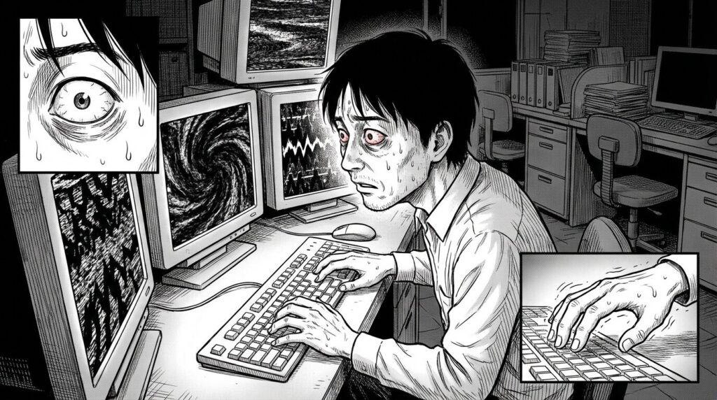 深夜のオフィスで、複数のモニターに囲まれながら、手動でのサーバー設定作業に冷や汗をかいて怯えているエンジニアの線画イラスト