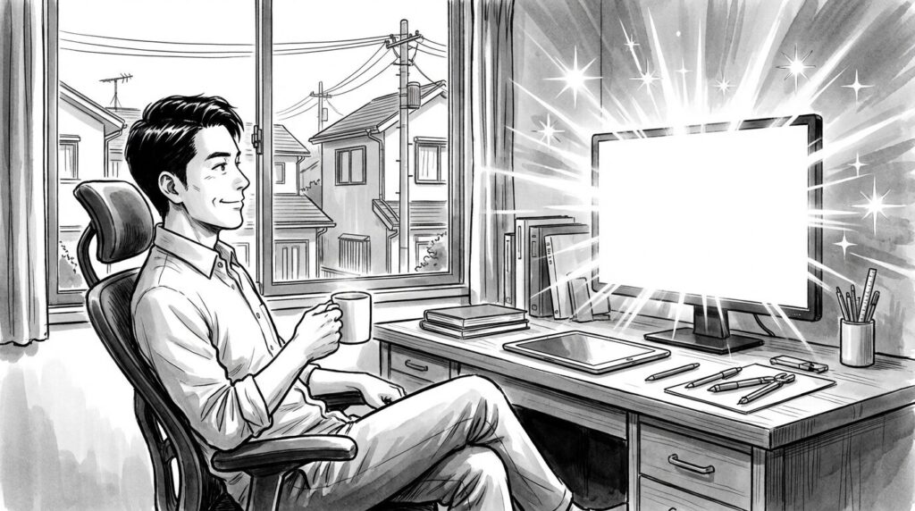 自宅のデスクで、Terraformのコードを実行し、ターミナルに表示された「Apply Complete!」の緑色の文字を見て、コーヒーを飲みながら余裕の表情を浮かべるエンジニアの線画イラスト