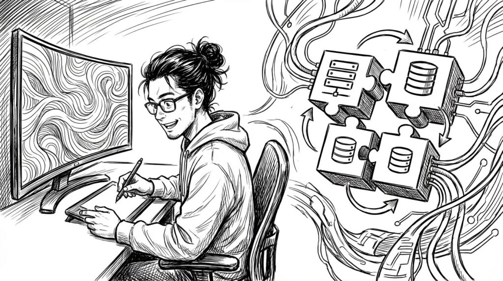 複数のモニターに、左側にはVS CodeのTerraformコード、右側にはAWSの構成図が表示されており、エンジニアがパズルを組み立てるように楽しそうに作業している線画イラスト