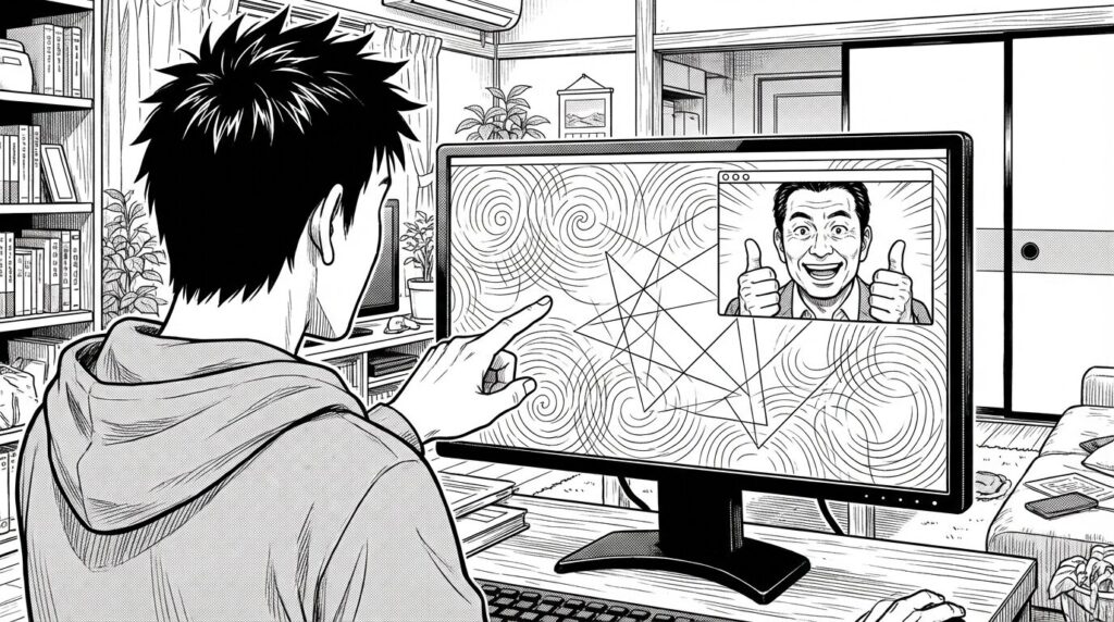 オンラインミーティングの画面越しに、クライアントに対して「納品物はコードです」と説明し、クライアントが安心した表情で頷いているシーンの線画イラスト