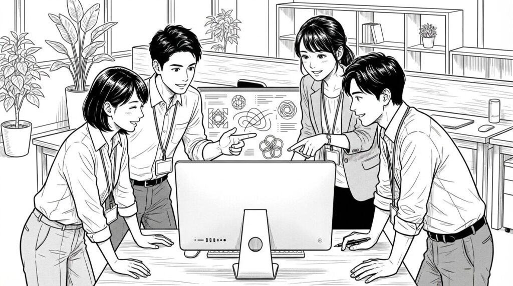 オフィスのミーティングスペースで、モニターに映されたTerraformのコードを指差しながら、複数のエンジニアが「ここはこう直したほうがいい」と建設的に議論している線画イラスト