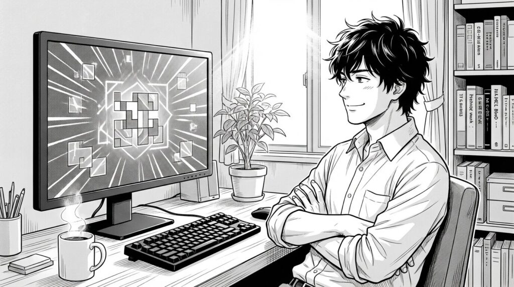 PC画面に表示された、緑色のチェックマークが並ぶCI/CDのパイプライン成功画面と、整然とコード化されたインフラ構成図を見て、エンジニアが深く安堵し、自信に満ちた笑顔を見せている線画イラスト