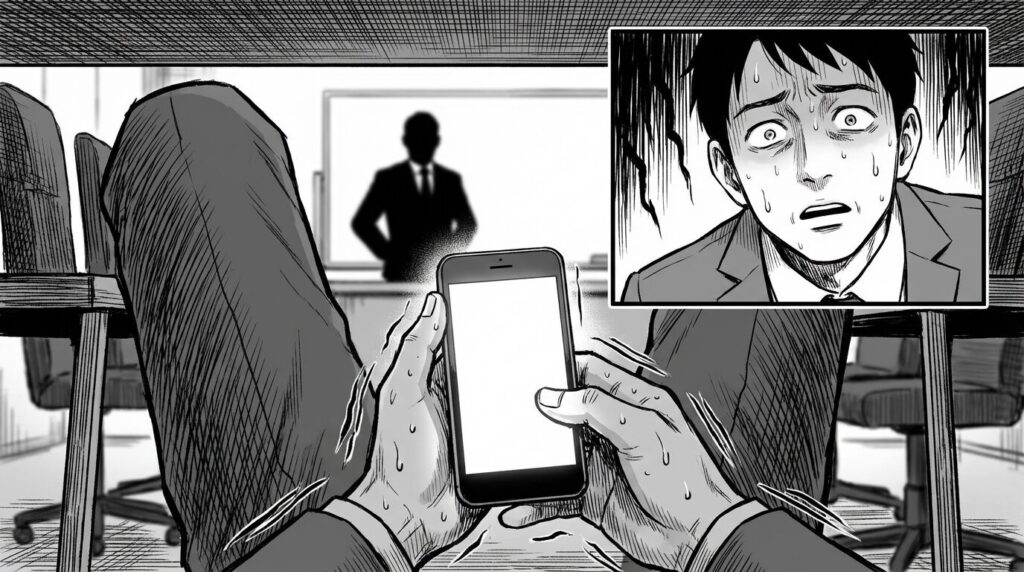 会議中にスマホの通知を見て青ざめている男性エンジニアの線画イラスト