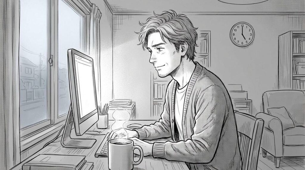 朝の光が差し込む部屋でコーヒーを飲みながら集中してコードを書いている男性エンジニアの線画イラスト