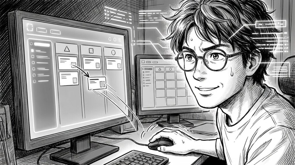 Notionのタスク管理画面を見ながら優先順位を整理しているエンジニアの線画イラスト