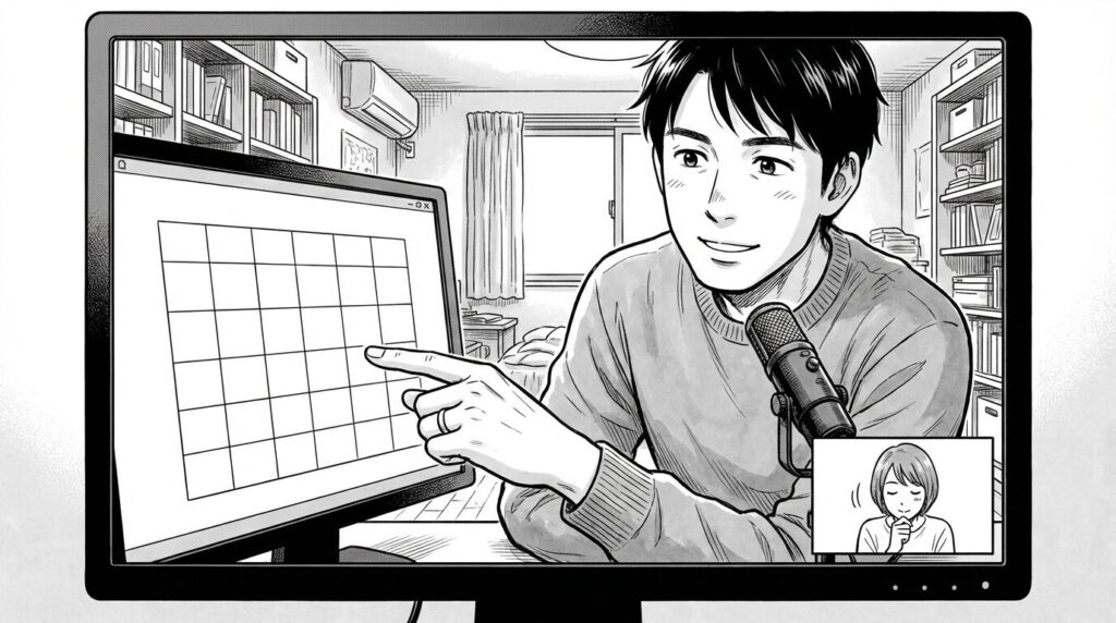 クライアントとのオンラインミーティングでカレンダーを見せながら納期調整をしているエンジニアの線画イラスト