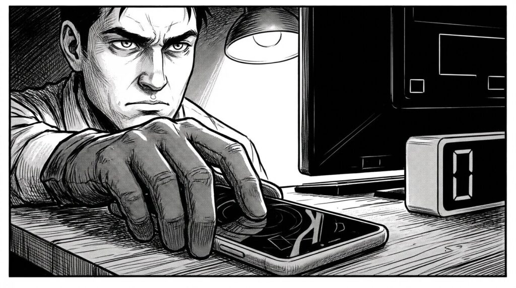 深夜の部屋でスマホの通知をオフにして誘惑を断ち切りPCに向かう男性の線画イラスト