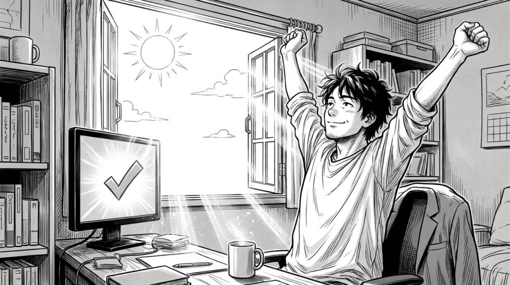 朝の光が差し込む窓辺で整理されたタスクリストと完了したコードを見て達成感に浸るエンジニアの線画イラスト