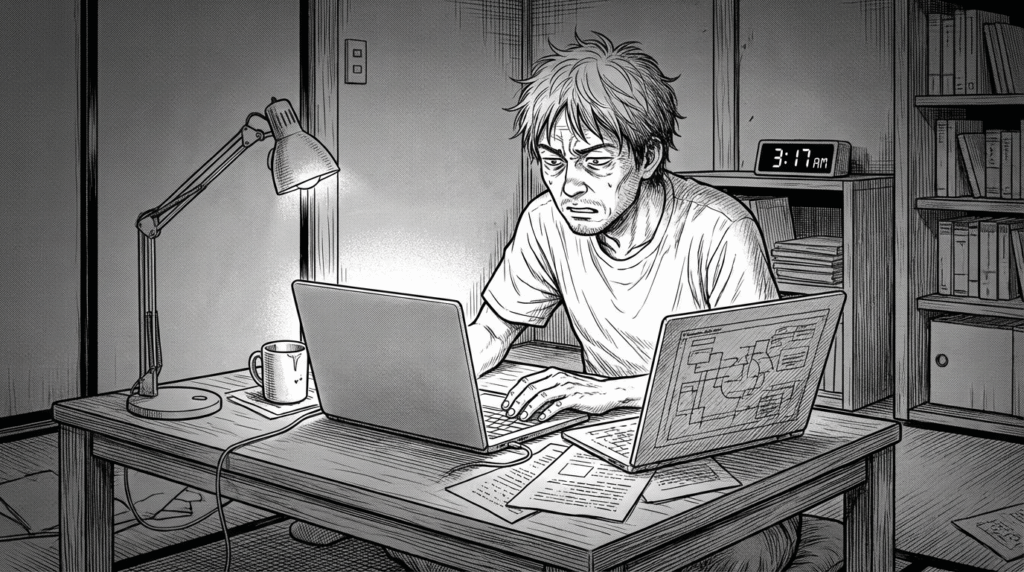 夜遅くまでバグ対応に追われ、疲れた表情でノートパソコンに向かう30代男性の線画イラスト
