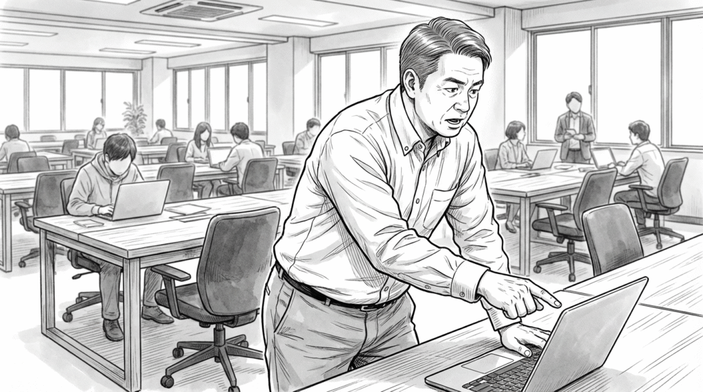 コワーキングスペースで、チームメンバーとTypeScriptのコードレビューをする40代男性の線画イラスト