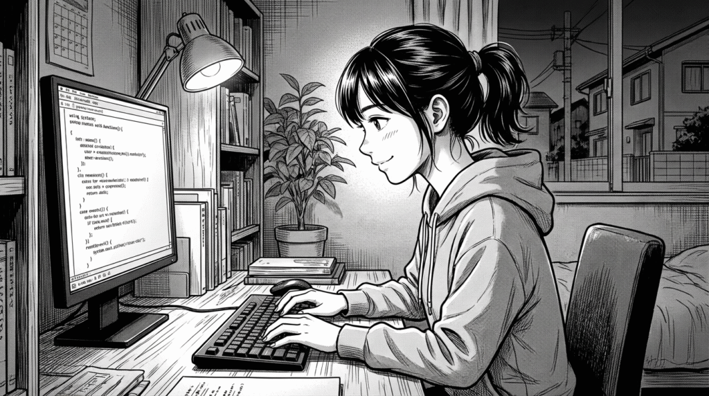 自宅で、TypeScriptのコード補完機能を使いながら開発する20代女性の線画イラスト