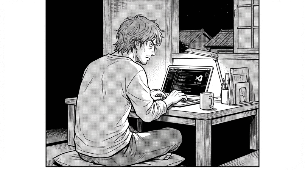深夜、自宅のデスクでVS Codeを開き、初めてのTypeScriptコードを書く30代男性の線画イラスト