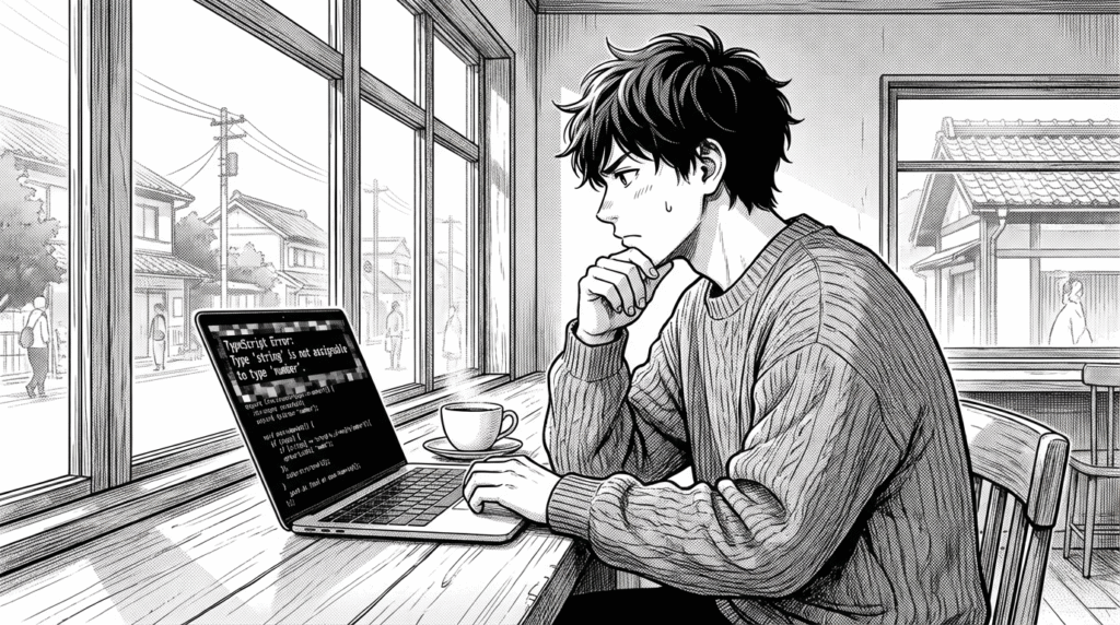 カフェで、TypeScriptのエラーメッセージと向き合いながらデバッグする20代男性の線画イラスト