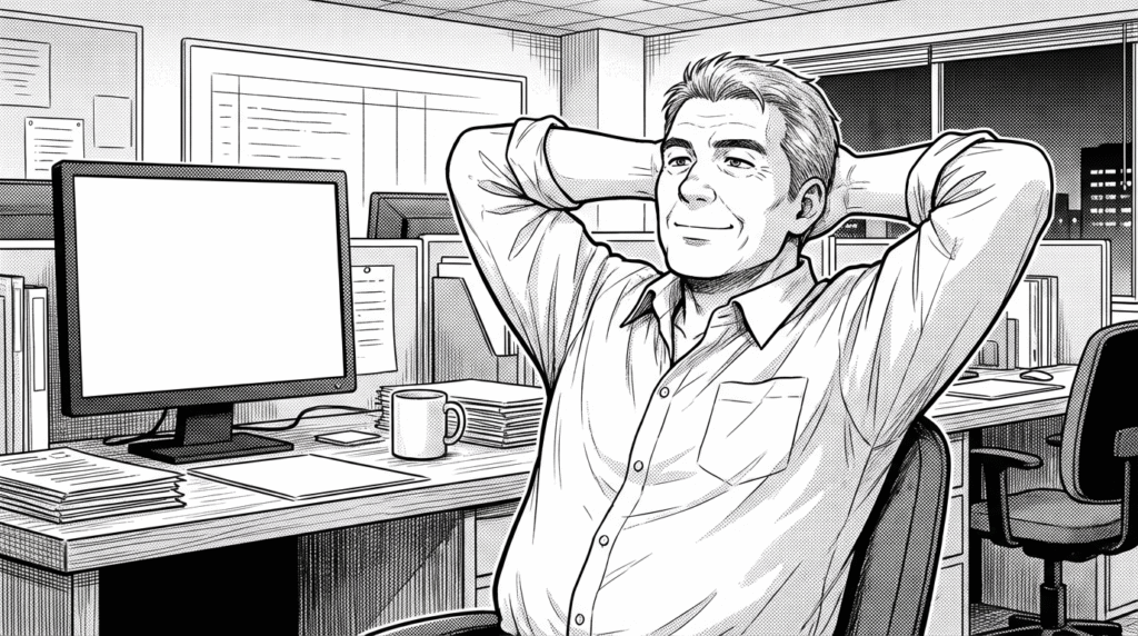夕方、オフィスのデスクで、TypeScriptでの開発が軌道に乗って満足そうな表情の40代男性の線画イラスト