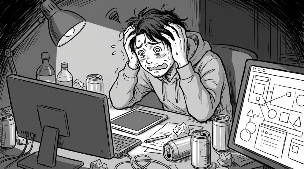 散らかったデスクで、自分が作った画面を見ながら頭を抱えているエンジニアの線画イラスト