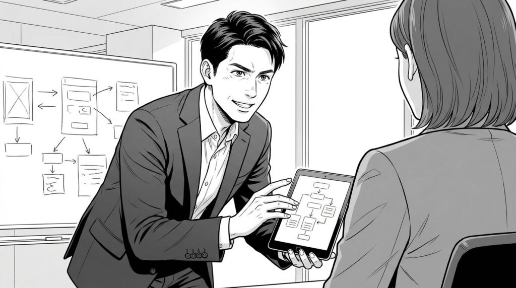 クライアントとの打ち合わせで、画面を見せながら自信満々に提案している様子の線画イラスト