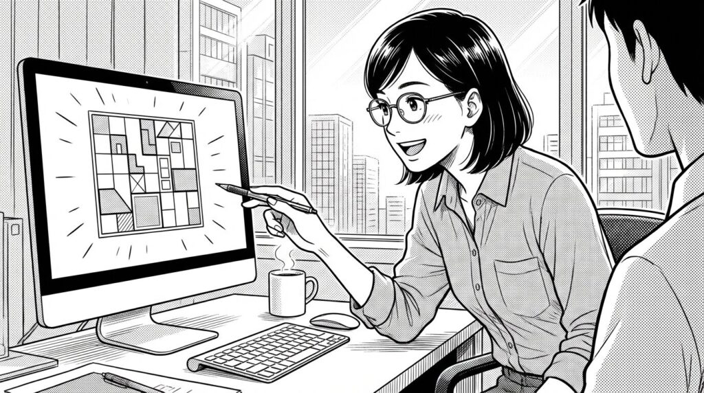 PC画面上のデザインを修正し、整ったレイアウトになって満足げな表情の線画イラスト