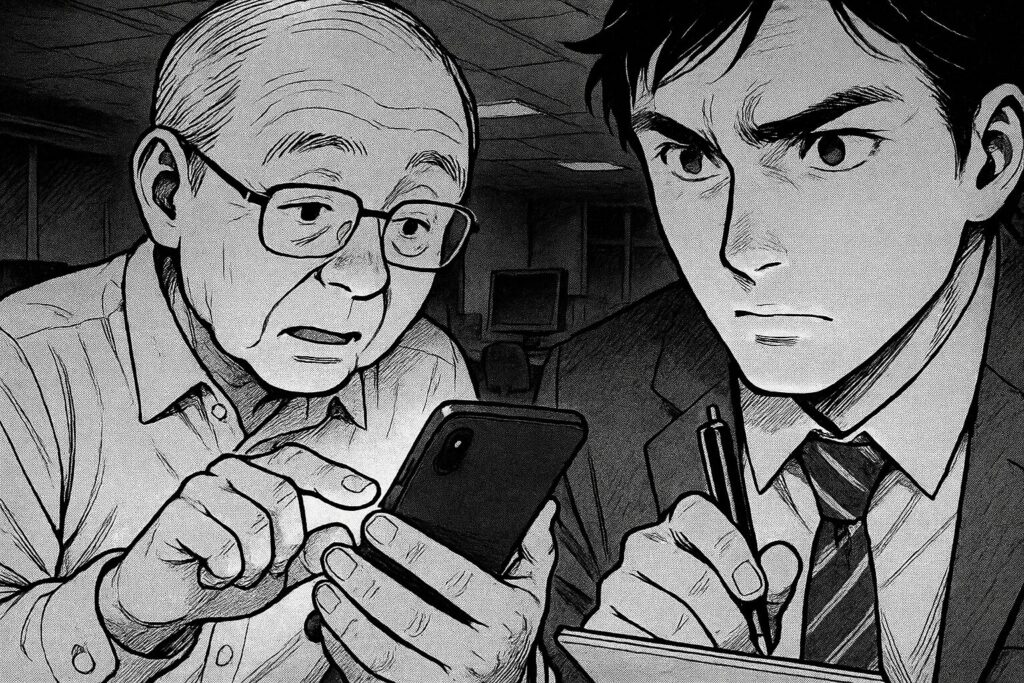 深夜のオフィスで、ユーザーテストの結果を見ながら「なるほど」と気づきを得ている様子の線画イラスト