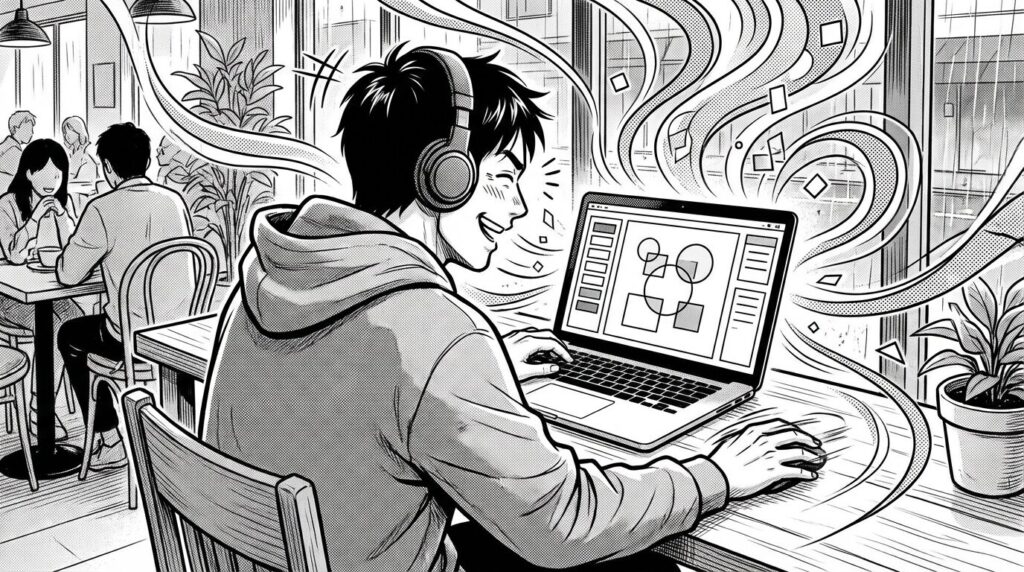 カフェでノートPCを開き、Figmaの画面を操作しながら集中して作業している男性の線画イラスト