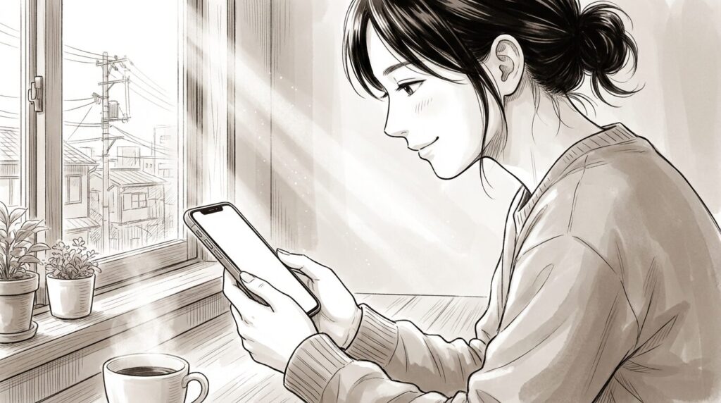 窓から入る光の中で、完成した使いやすい画面が表示されたスマホを手に持ち、満足げに微笑む女性の線画イラスト