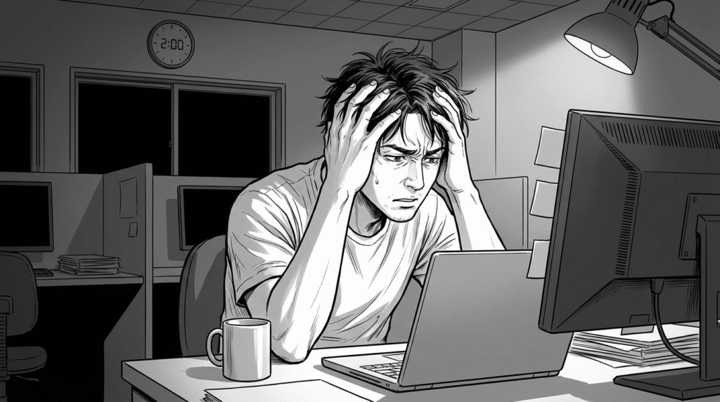 深夜のオフィスで、ノートPCの前で頭を抱えながらコードを見つめる30代男性の線画イラスト