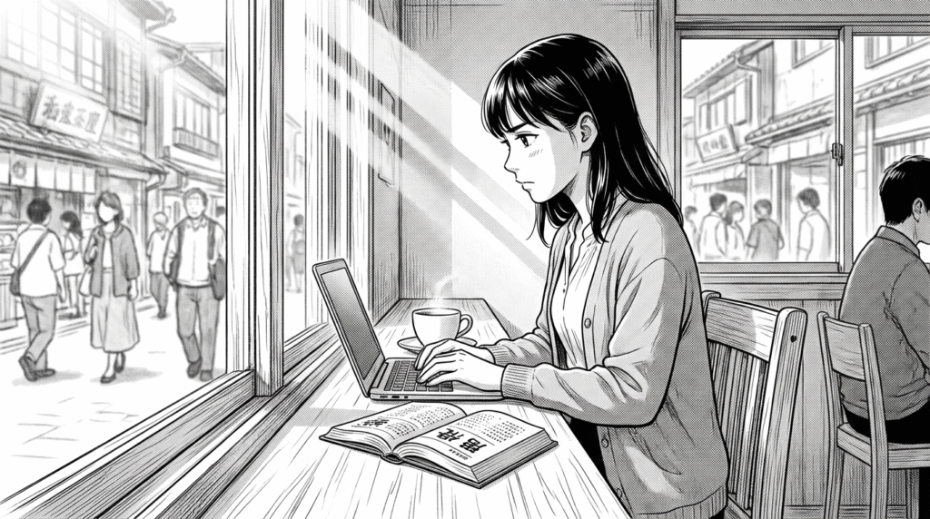 カフェの窓際で、ノートPCを開いてVue.jsのコードを書く20代女性の線画イラスト