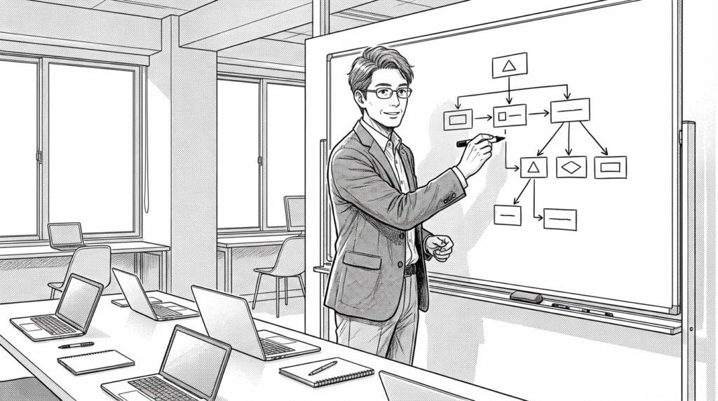 ホワイトボードの前で、コンポーネント設計の図を描きながら説明する40代男性の線画イラスト