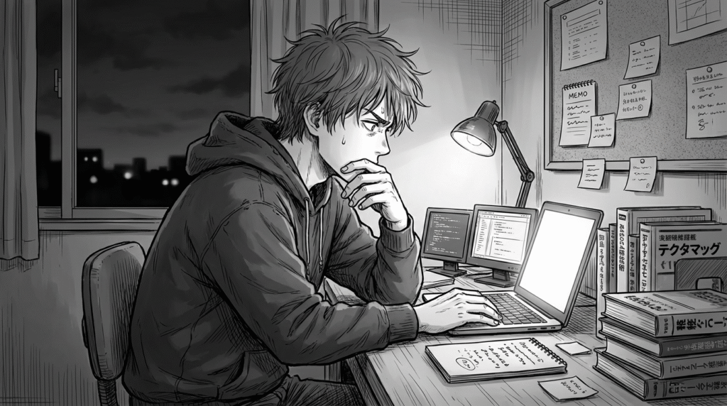 自宅のデスクで、コンポーネント設計に悩みながらコードを見つめる20代男性の線画イラスト