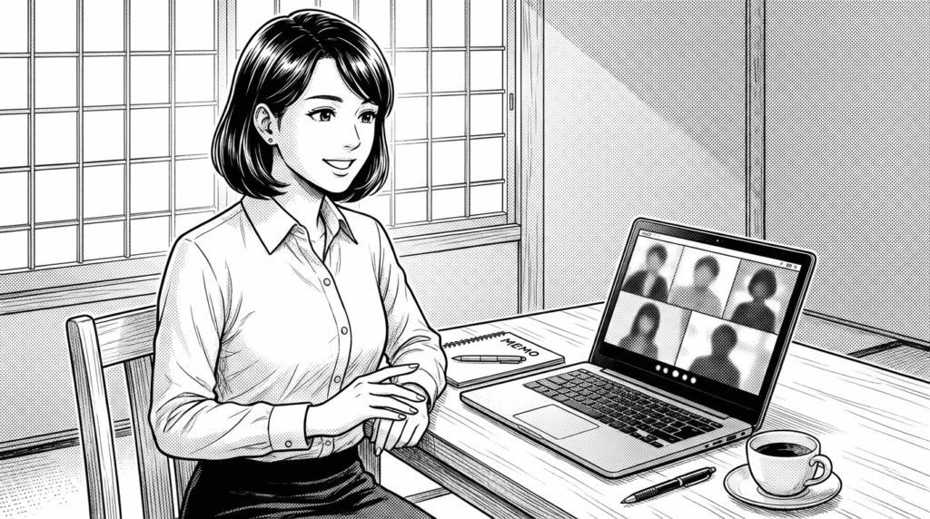 カフェで、クライアントとノートPCを見せながら副業案件の打ち合わせをする30代女性の線画イラスト