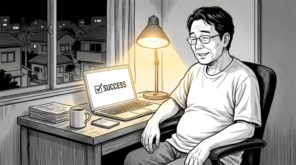 自宅のデスクで、Vueアプリが正常に動作して満足そうに微笑む40代男性の線画イラスト