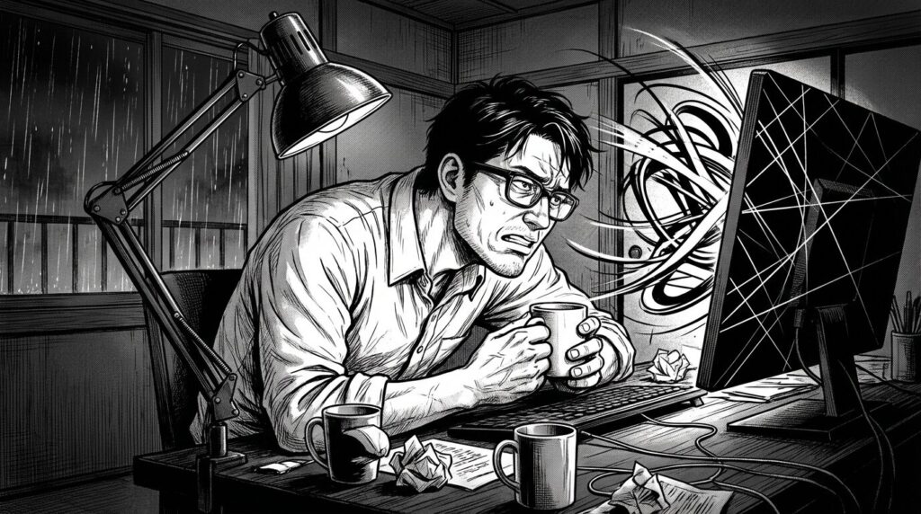 深夜のデスクでコーヒーを片手に、PC画面上のコードと向き合いながら苦悩と集中が入り混じった表情のエンジニア