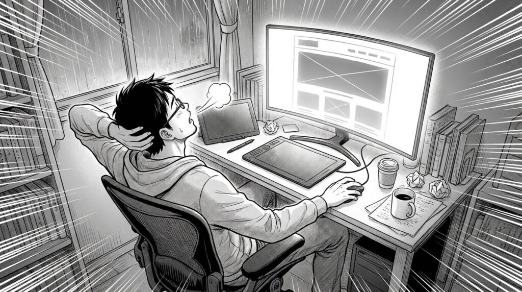 サーバー設定が完了し、モニターに表示された初期画面を見て安堵のため息をつく様子の男性