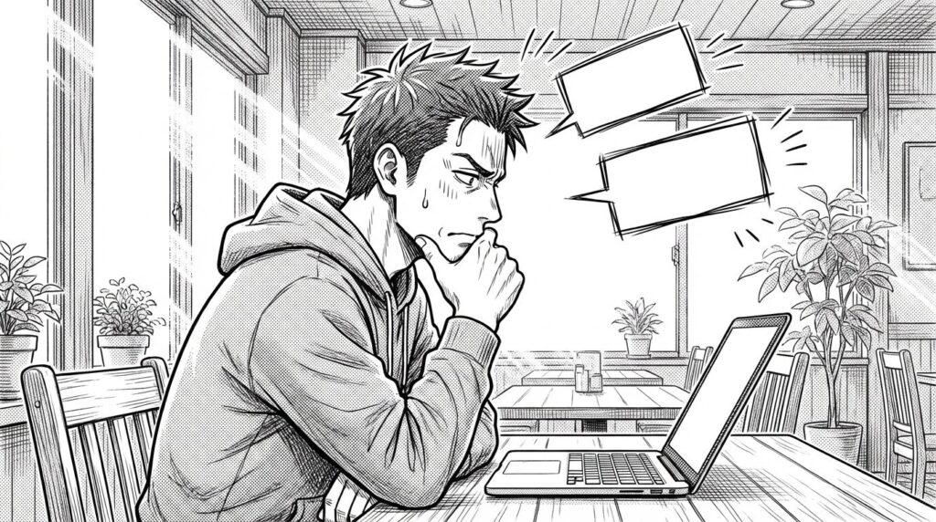 複数のデザインテーマを見比べながら、どれを採用するか真剣に悩み、頭を抱えている様子