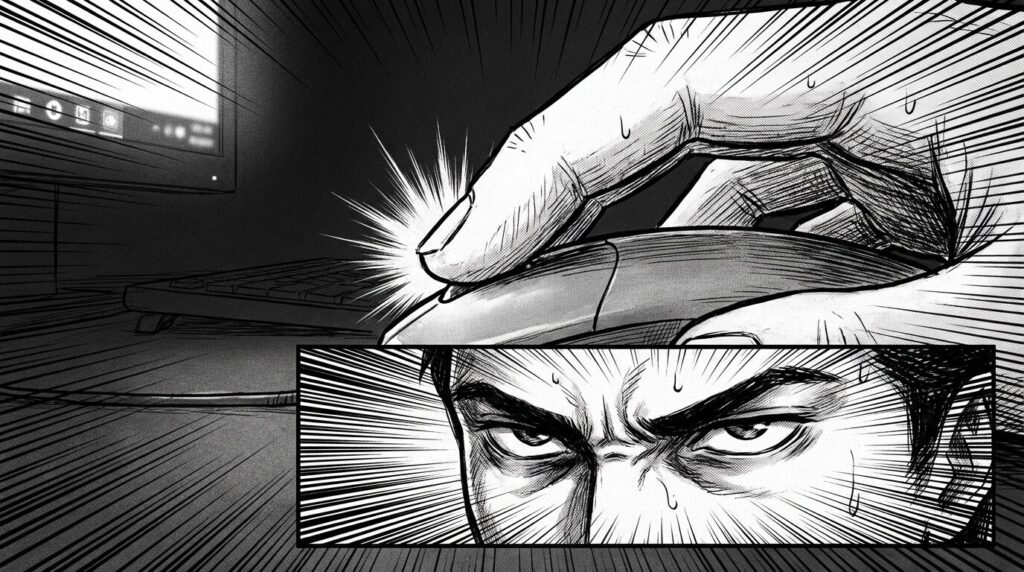 緊張した手つきでマウスを握り、最初の記事の公開ボタンを押そうとしている指先のアップ