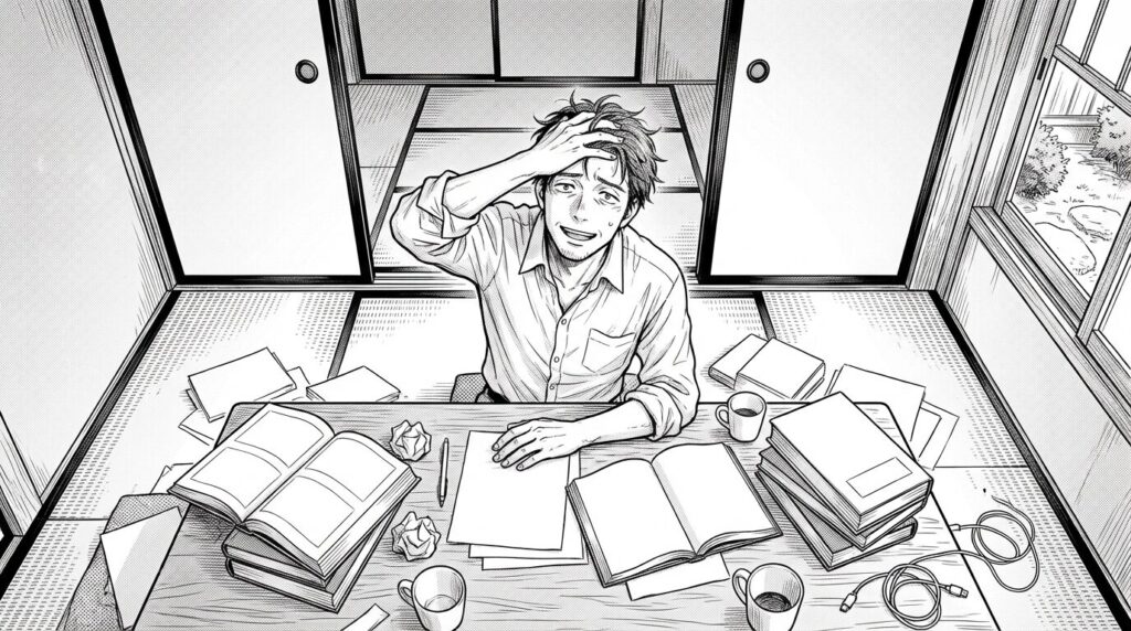 PC画面がエラー表示になり頭を抱えているが、解決の糸口を見つけてハッとする表情