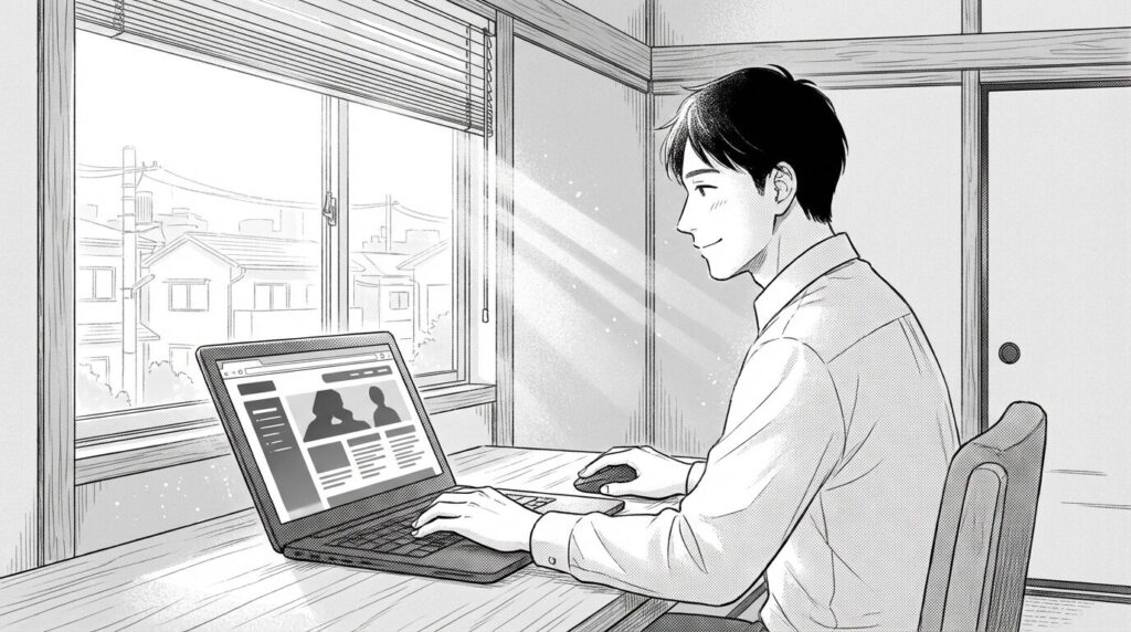 窓から朝日が差し込む部屋で、完成したブログが表示されたPC画面を満足げに見つめる男性