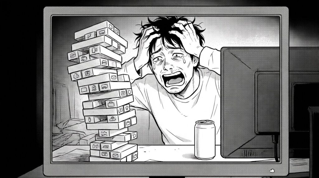 深夜のデスクで、大量のプラグインがインストールされた管理画面を見て頭を抱えているエンジニアの線画イラスト
